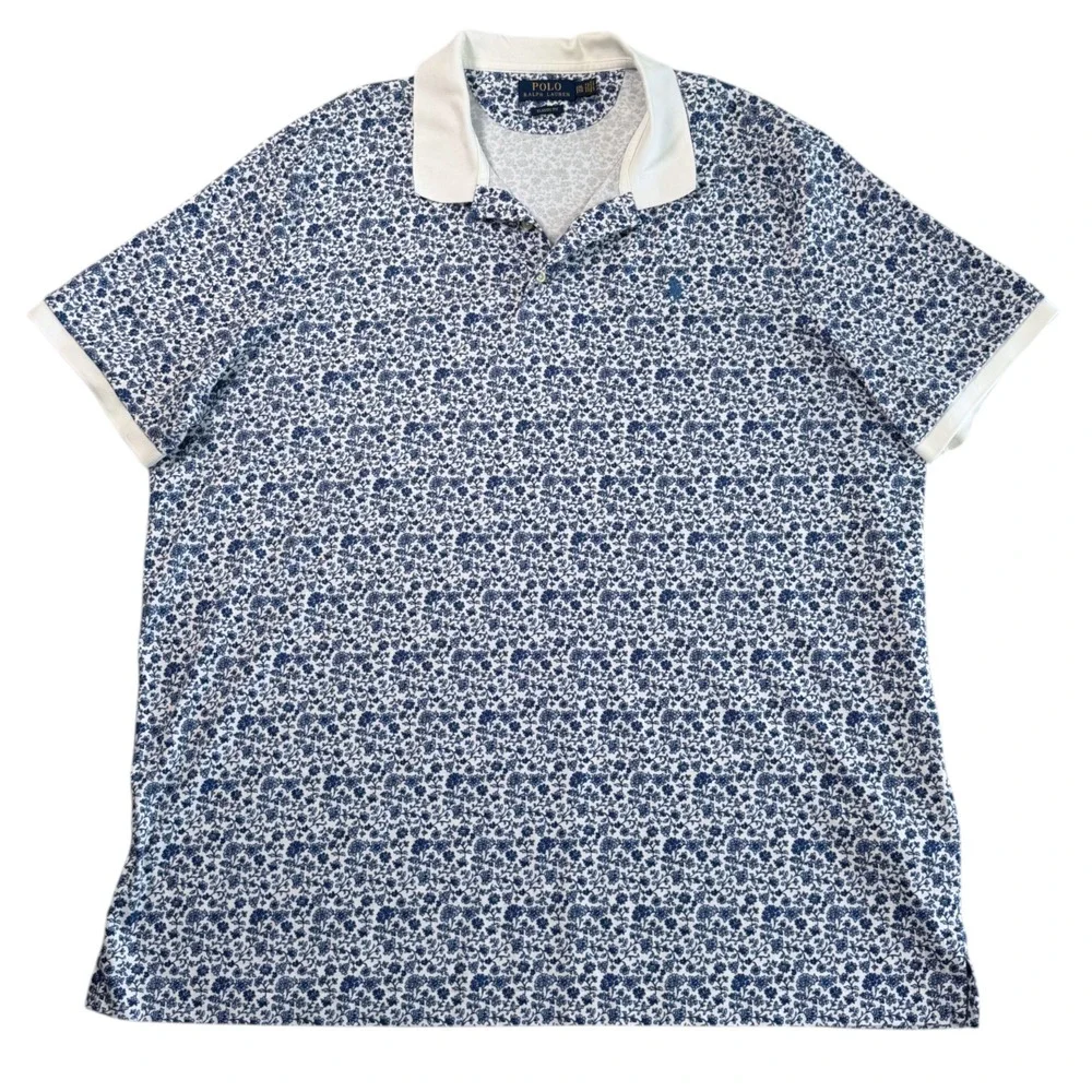 Polo Ralph Lauren Mens Floral Classic Fit Polo Shirt Sz XXL Blue White Cotton